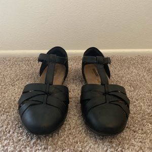 Clarks Black Leather T-Strap Sandals